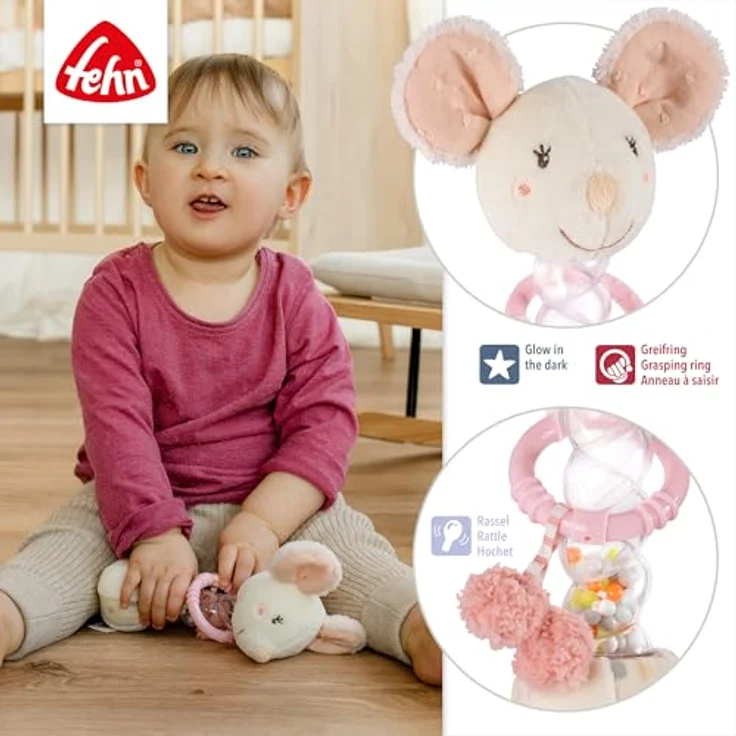Fehn feehnLAND Regenmacher Maus, Greifspielzeug mit Rasselstab und „Glow-in-the-dark“ Bestickung, rosa – Bild 5