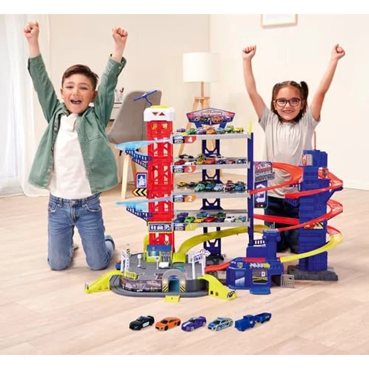 Majorette Super Chase Center, Parkhaus mit 6 Etagen, Verfolgungsjagd, inkl. 4 Die-Cast Spielzeugautos, Zug, Aufzug, Licht & Sound, Black – Bild 3