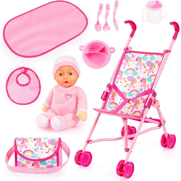 Bayer Puppenbuggy Set mit Puppe, fröhliche Farbkombination, geeignet für Puppen bis 46 cm