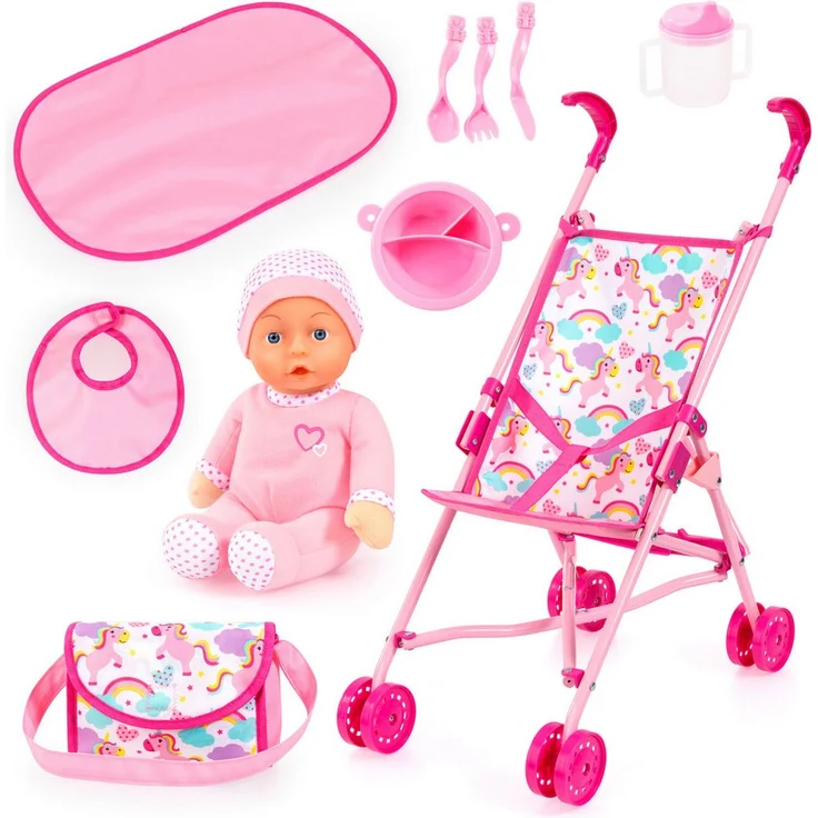 Bayer Puppenbuggy Set mit Puppe, fröhliche Farbkombination, geeignet für Puppen bis 46 cm – Bild 1
