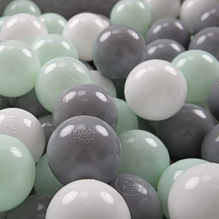 KiddyMoon 200/6 cm Kinder Bälle für Bällebad, BPA-freie Spielbälle, Weiß/Grau/Mint, Eurofins-zertifiziert – Bild 1