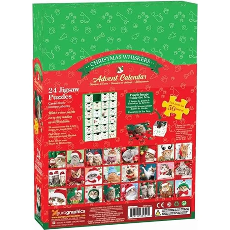Eurographics Christmas Whiskers Adventskalender, 24 Puzzles mit festlich gekleideten Katzen, geeignet für alle Altersgruppen – Bild 2