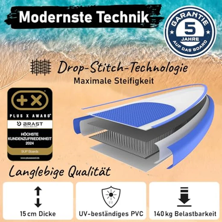 BRAST® SUP Board mit LEDs, aufblasbares Stand up Paddling Set, 320x81x15cm, 140kg Tragkraft, 10 Farben LED-Beleuchtung, 5 Jahre Garantie, inkl. 2in1 Paddel und Kajaksitz – Bild 4