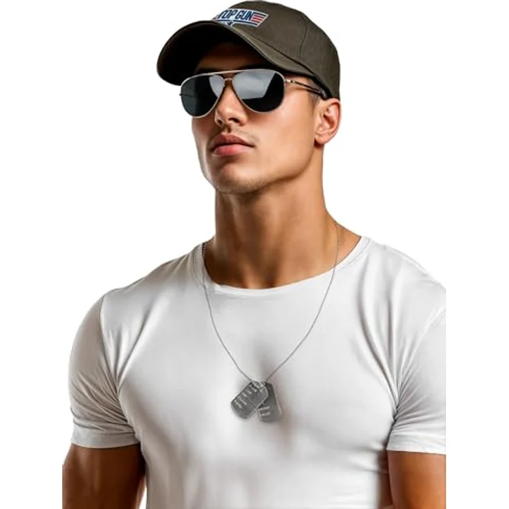 Maskworld Top Gun Accessoire-Set, olivgrüne Schirmmütze mit Logo, silberne Sonnenbrille im Fliegerlook, Metallkette mit Erkennungsmarken – Bild 2