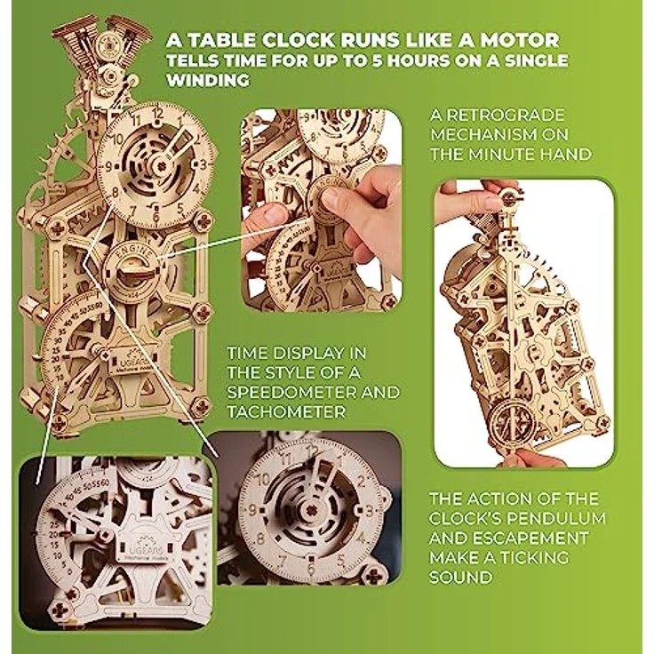 UGEARS Motoren-Uhr 3D Holzpuzzle für Erwachsene - Mechanische 3D Puzzle Uhr Holz - Funktionelle Uhr Modellbausatz mit Bewegliche Kolben - Selbst Bauen holzmodelle bausätze ideal für Modellbau Fan - Preisvergleich – Bild 4