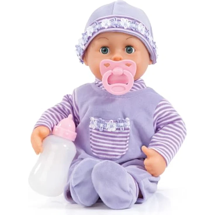 Bayer Babypuppe First Words Baby, 38 cm, lila, mit Schlafaugen und 24 Babygeräuschen, 3-tlg. Set mit Flasche und Schnuller – Bild 2