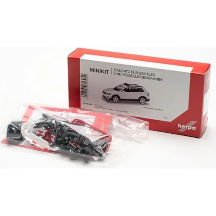 Herpa Modellbausatz MiniKit VW Tiguan, 2er Set, Maßstab 1:87, Rot-Weiß, Sammlerstück aus Kunststoff mit Warnbalken