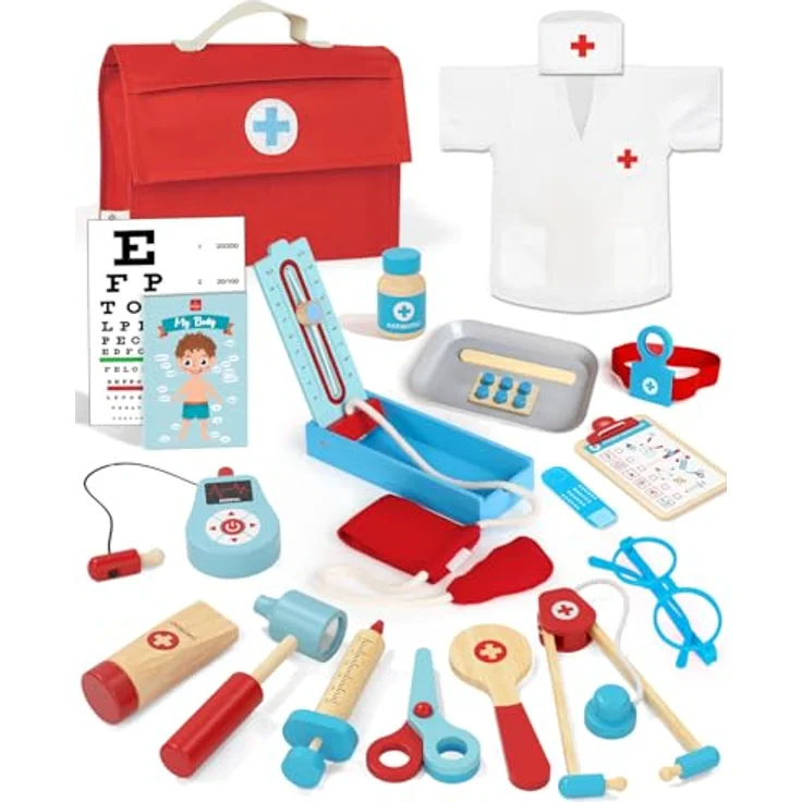 Lehoo Castle Arztkoffer für Kinder, 23-teiliges Doktorkoffer-Set mit Arztkittel, blau, Spielzeug ab 3 Jahre, inklusive Organpuzzle und Sehtest Zubehör – Bild 1