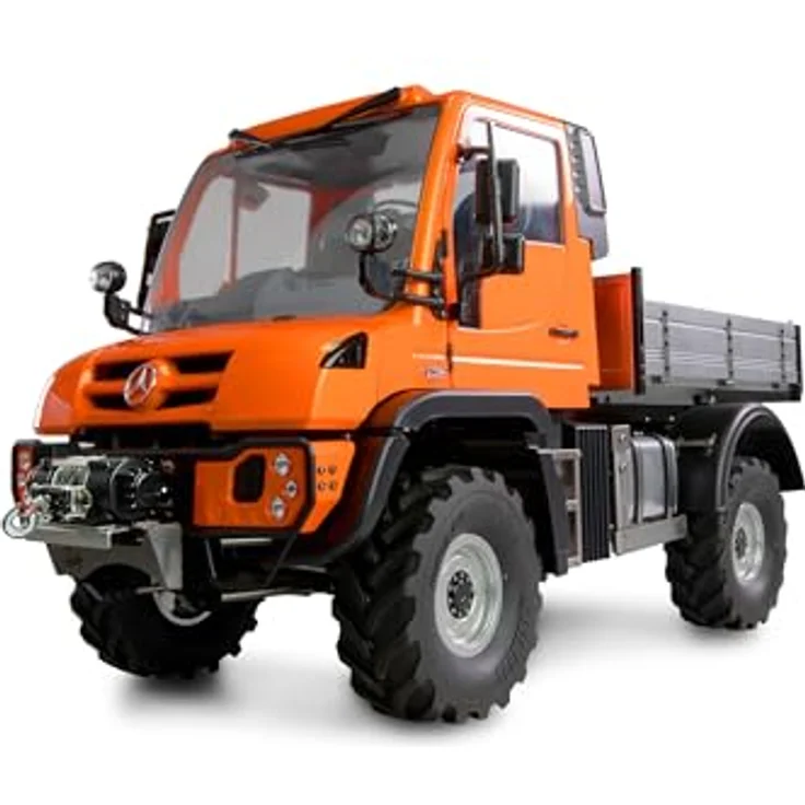 Amewi Mercedes-Benz Unimog Geräteträger 4WD 1:10 ARTR orange RC ferngesteuert Lizenz Fahrzeug mit Portalachsen, Schaltbare Seilwinde, LED-Beleuchtung und Soundmodul – Bild 1