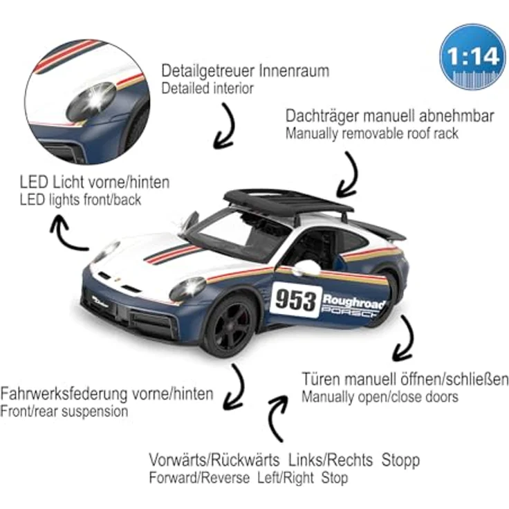 Jamara Porsche 911 Dakar Performance 1:14 blau 2,4GHz Tür manuell - Ferngesteuertes Auto mit LED-Fahrlicht und originalgetreuem Design – Bild 4