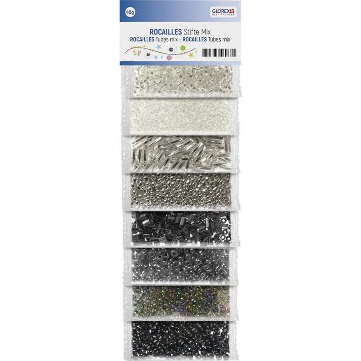 Glorex Bastelperlen Glorex Rocailles/Stifte mix, 40 g - Weiß/Silber/grau/Schwarz-Mix, ideal für Schmuckbasteln