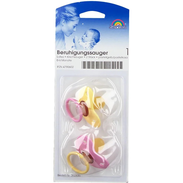 Baby-Frank Beruhigungssauger Kirsche Lat.0-6 M.past./gb./r. 2 St Schnuller, zur Förderung der natürlichen Kiefer- und Gaumenentwicklung, pastell/grün/blau/rosa (2er Pack)