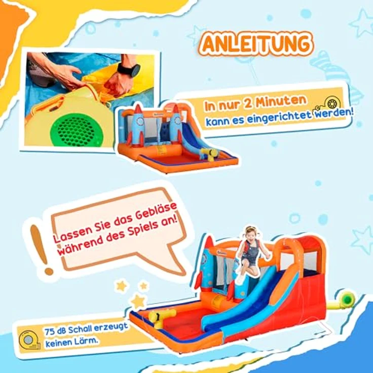 Outsunny Aufblasbare Hüpfburg mit Rutsche für 4 Kinder, Spielhaus mit Gebläse und Raketenmuster, Oxford-Polyester-Gewebe, mehrfarbig, 350 x 250 x 185 cm – Bild 5