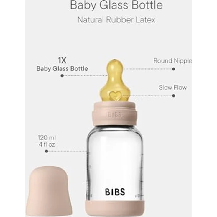 BIBS Baby Glasflasche 120ml, Runder Sauger aus Naturkautschuklatex, Kolikenreduzierung, Blush, Hergestellt in Dänemark – Bild 2