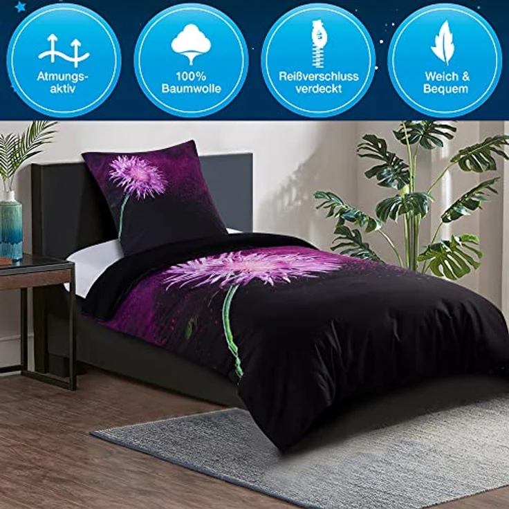 Sanilo® Bettwäsche 135x200 cm, 100% Baumwolle, 4-teilig, Oeko-TEX zertifiziert, Wendebettwäsche, Purple Dust – Bild 4