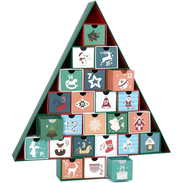 BRUBAKER Adventskalender zum Befüllen - Tannenbaum 2024 - Sweet Christmas - DIY Weihnachtskalender mit 24 Türchen - 51 cm aus Pappe - Grün Bunt