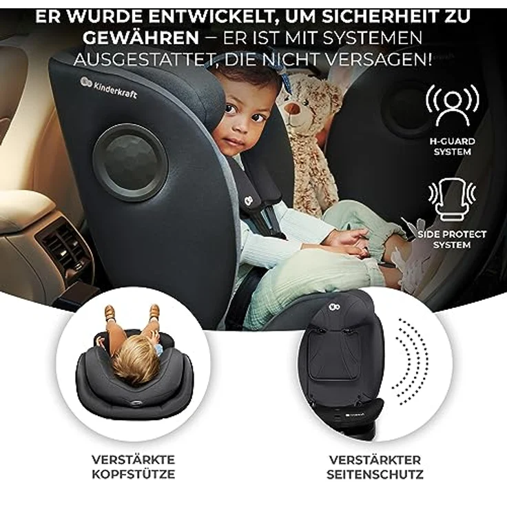 KinderKraft I-360 i-Size, drehbarer Reboarder-Kindersitz mit H-Guard und SPS+, 5-Punkt-Gurt, bis 36 kg, schwarz – Bild 6