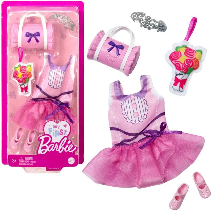 Barbie Puppenkleidung Ballett-Outfit My First Barbie Mattel Puppen-Kleidung Trend Mode, rosa Sporttasche und Rosenstrauß-Plüsch