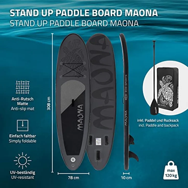 ECD Germany Aufblasbares Stand Up Paddle Board Maona, 308 x 78 x 10 cm, Schwarz, PVC, bis 120 kg, inkl. Pumpe & Tragetasche, Komplettset mit Paddel und Zubehör – Bild 2