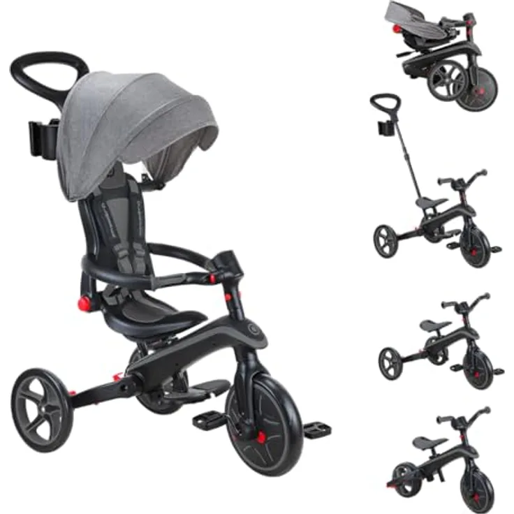 Globber Explorer Trike Foldable 4in1 schwarz-grau – Kinderfahrzeug mit höhenverstellbarem TPR-Sitz und Sicherheitsausstattung