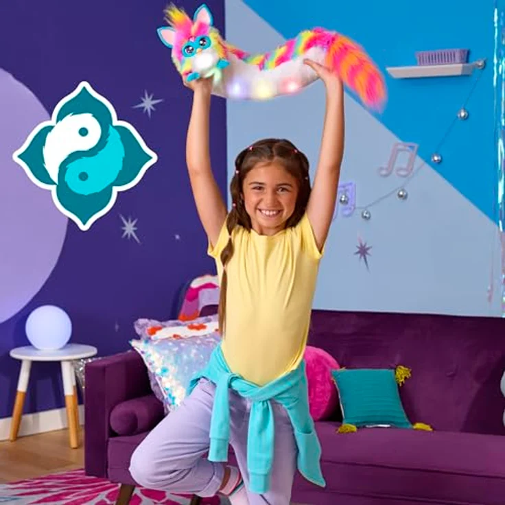 Hasbro Furby DJ Furby, interaktives elektronisches Plüschtier in Regenbogenfarben mit Musik, Lichtern, Bewegungen, Spielen und Sprachfunktionen in Französisch – Bild 5