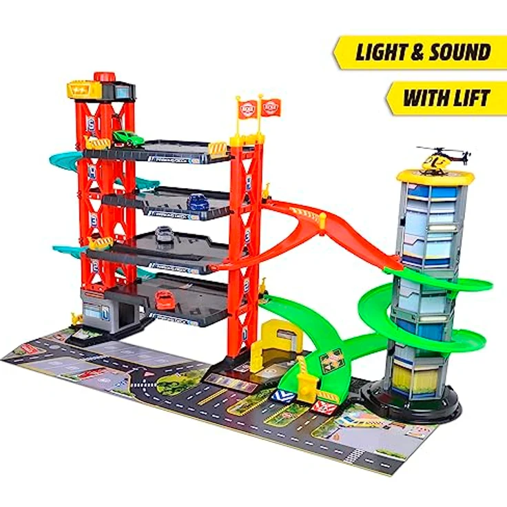 Dickie Toys - 4-stöckiges Parkhaus für Kinder ab 3 Jahre (87x52 cm) mit Zubehör - große Spielzeug-Parkgarage auf 5 Ebenen mit Aufzug, Rennbahn, Spielzeugautos, Hubschrauber, Licht & Sound – Bild 2