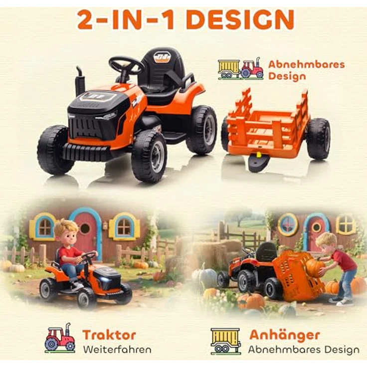 AIYAPLAY Elektrischer Kinder Traktor mit Anhänger, Aufsitztraktor mit Fernbedienung, 2 Motoren, 3-Gang, Musik und Hupe, Sanft Start, 3-5 km/h, Orange, für 3-8 Jahre – Bild 4