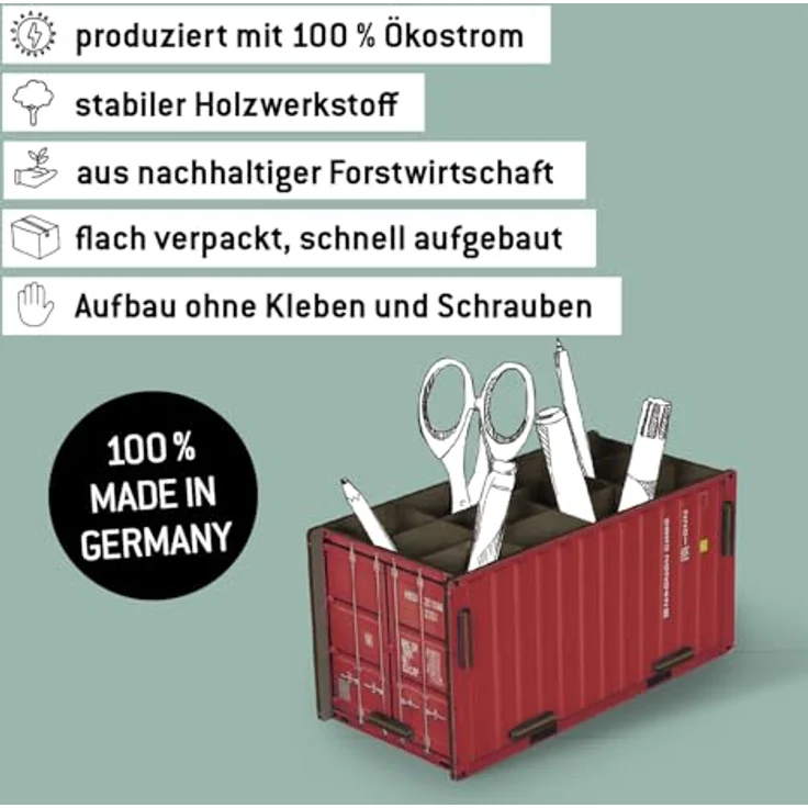 Werkhaus Container Penbox rot, Stifteköcher aus Holz mit 12 Fächern und kinderleichtem Aufbau – Bild 5
