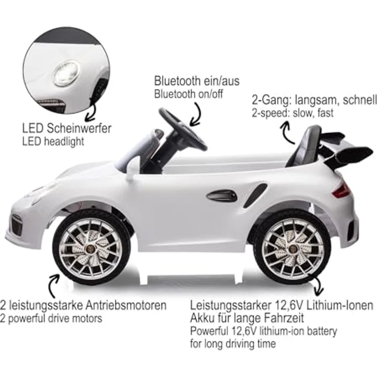 JAMARA Ride-on RUF CTR3 Club Sport Weiß, Elektroauto für Kinder ab 3 Jahren, 2,4GHz Fernsteuerung, 12,6V Li-Power, LED-Lichter, 2 Gänge, Gaspedal, Musikfunktion – Bild 4