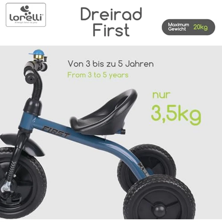 Lorelli Dreirad ab 3 Jahren, Tricycle First, nur 3,5kg, ergonomischer Sitz, Klingel, Eva-Reifen, Schutzblech, rutschfeste Pedale, weiche Gummi-Griffe, blau – Bild 2