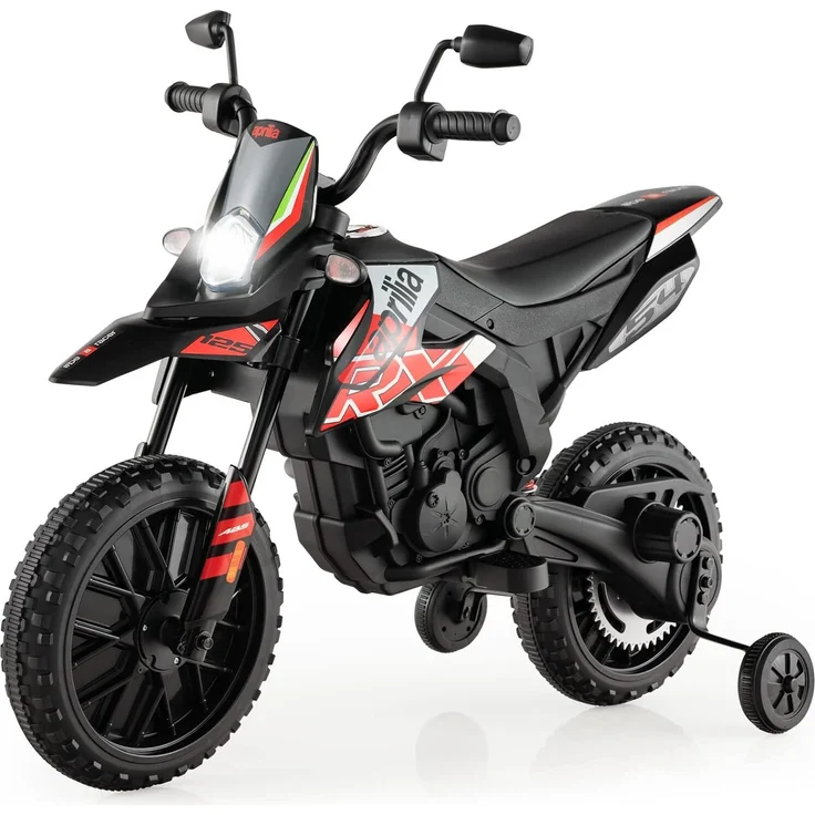 Dreamade 12V Kinder Elektro Motorrad Aprilia, 5,5-6 km/h, mit Stützrädern, Musik & Scheinwerfer, für Kinder ab 3 Jahren, bis 30kg belastbar (Rot)
