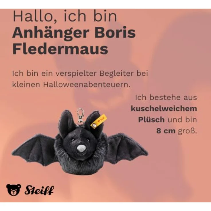 Steiff Kuscheltier Anhänger Boris Fledermaus, 8 cm schwarzes Plüschtier mit Kunststoffaugen für Kinder, Handarbeit und waschbar bei 30 °C – Bild 2