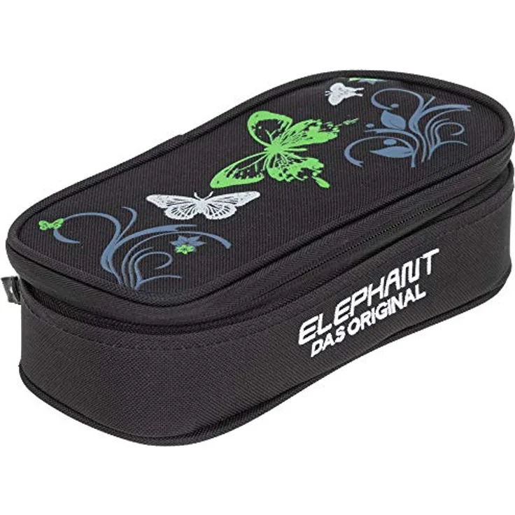 Elephant Butterfly Mäppchen Box, formstabiles Federmäppchen mit Reißverschluss, 22 x 7 x 10 cm, schwarz-grün