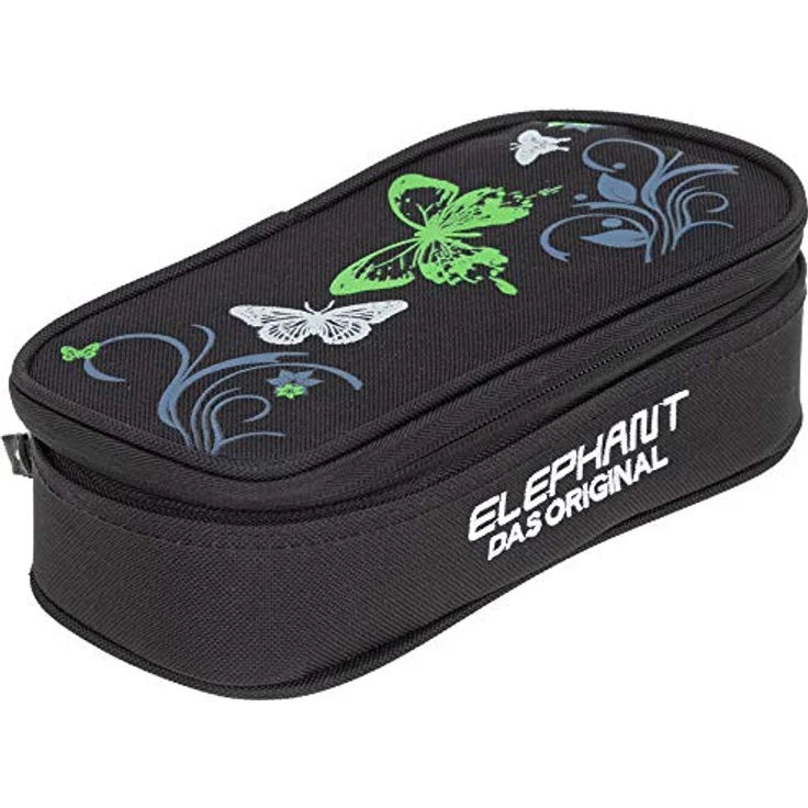 Elephant Butterfly Mäppchen Box, formstabiles Federmäppchen mit Reißverschluss, 22 x 7 x 10 cm, schwarz-grün – Bild 1