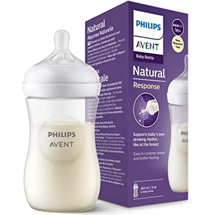 Philips Avent Natural Response SCY903/01, Babyflasche 260 ml für Säuglinge 1 m+, Silikonsauger zur kolikfreien Ernährung