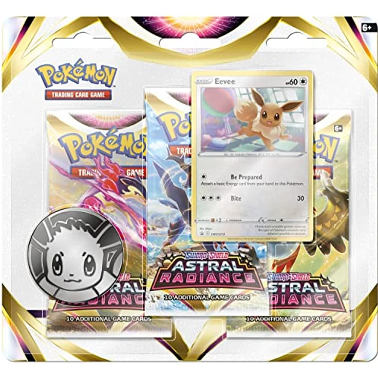 Pokémon TCG Sword & Shield Astral Radiance 3 Booster Blister (8660858), Kartenspiel mit Eevee und Sylveon Karte, inklusive Evoli Spielmünze