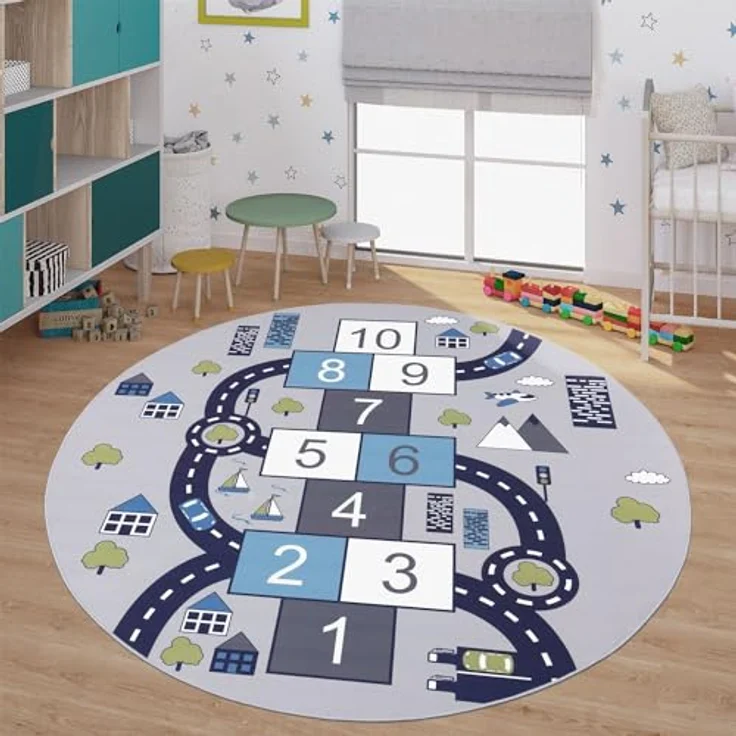 TT Home Kinderzimmerteppich, rutschfester Teppich für Jungen und Mädchen, grau, rund 160 cm, maschinell gewebt, STANDARD 100 by OEKO-TEX – Bild 1