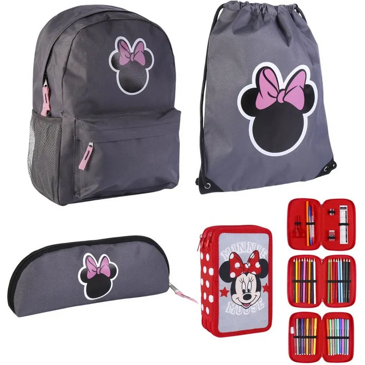 Disney Minnie Mouse Schulrucksack Schulpaketangebot, 4-tlg. Set mit Rucksack, Sporttasche und gefülltem Federmäppchen, pink