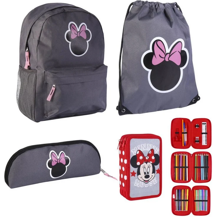 Disney Minnie Mouse Schulrucksack Schulpaketangebot, 4-tlg. Set mit Rucksack, Sporttasche und gefülltem Federmäppchen, pink