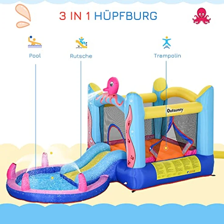 Outsunny Hüpfburg, aufblasbare Spielburg mit Rutsche und Gebläse, Mehrfarbig, 360 x 175 x 180 cm, für Außenbereich, Oktopus-Design, bis zu 3 Kinder, inkl. Zubehör. – Bild 2