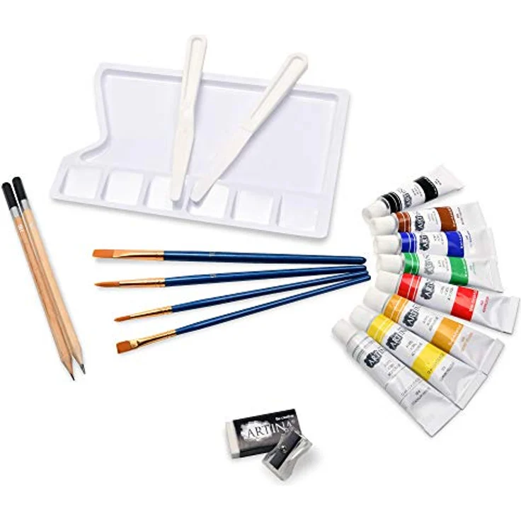 Artina Kreativset Corsica, 24tlg Zeichen- & Acrylmalset mit 5 Leinwänden, 8 Acrylfarben und Pinselzubehör – Bild 6