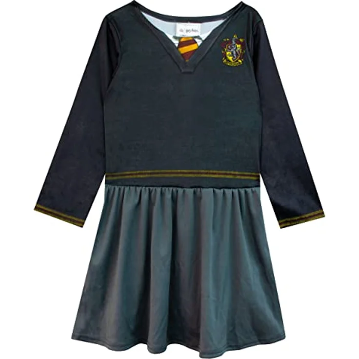 Harry Potter Mädchen Kostüm Kleid Hermione, Schwarz, mit Zauberstab und Gryffindor Schal, Größe 128 – Bild 2
