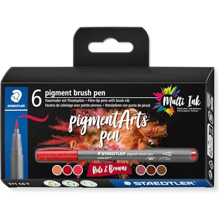 STAEDTLER brush pen pigment Arts, Premium-Zeichentusche, wasserfest, schnelltrocknend, 6 brush pens in sortierten Farben im Kartonetui, 371 C6-7 – Bild 1