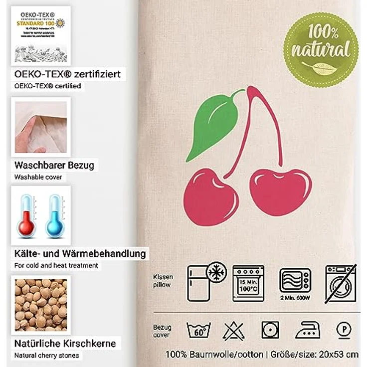 Zollner24 Kirschkernkissen - mikrowellengeeignetes Wärmekissen - gegen Verspannungen von Nacken und Schultern oder Koliken – natürliche Wärmeabgabe - abnehmbarer, waschbarer Bezug - 20x53 cm – Bild 2