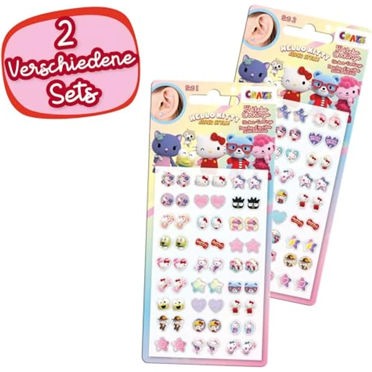 CRAZE STICKER EARRINGS Hello Kitty, Klebeohrringe für Mädchen mit 27 Paar bunten Motiven, ideal als Kinderschmuck oder Party-Mitbringsel – Bild 2