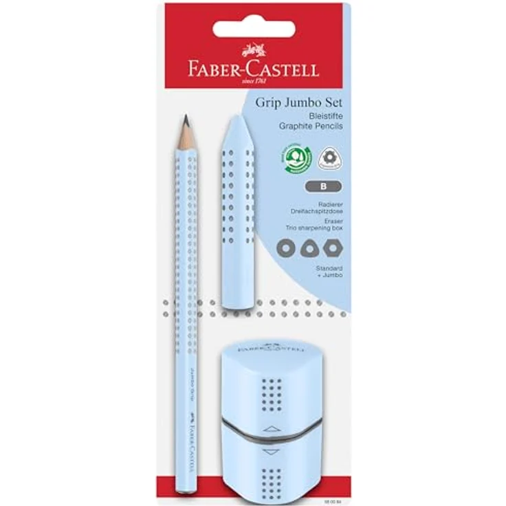 Faber-Castell 580084 - Bleistifte Set sky blue 3-teilig, Jumbo Grip, inkl. Radiergummi und Spitzer – Bild 1
