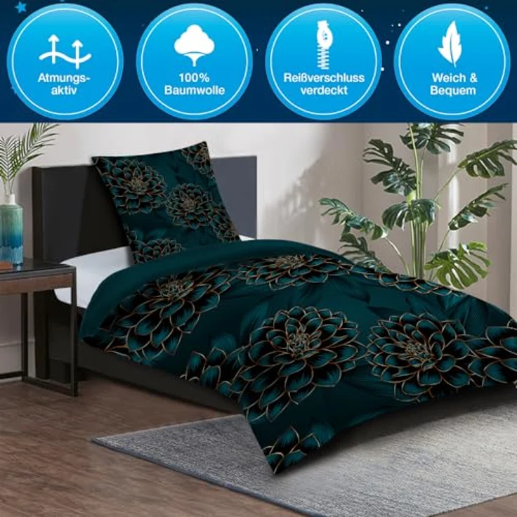 Sanilo® Bettwäsche 135x200 cm, 100% feinste Baumwolle, 2-teilig, Oeko-TEX Zertifiziert, Dahlien Muster – Bild 4