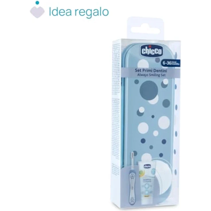 Chicco Baby Zahnbürste und Zahnpasta Set, inklusive Apfel-Bananen-Zahnpasta, ergonomische Zahnbürste für erste Milchzähne, Reiseset, 6-36 Monate, hellblau – Bild 2