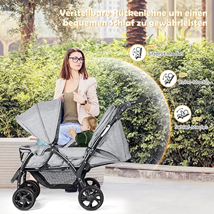 DREAMADE Geschwisterwagen 2 in 1, Doppelkinderwagen baby und kleinkind, Zwillingswagen Faltbar, Babywagen mit Doppelsitz, kinderwagen für 2 kinder, Grau – Bild 4