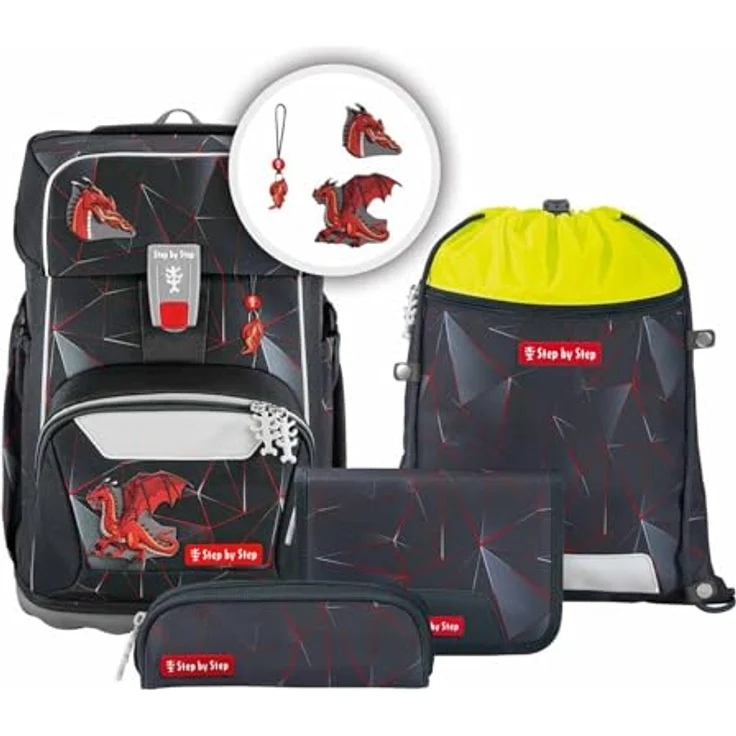 Step by Step Giant Schulranzen-Set „Dragon Drako“, 5-teilig, ergonomisch, rot, mit Reflektoren, für Jungen ab der 1. Klasse, 23 Liter – Bild 1